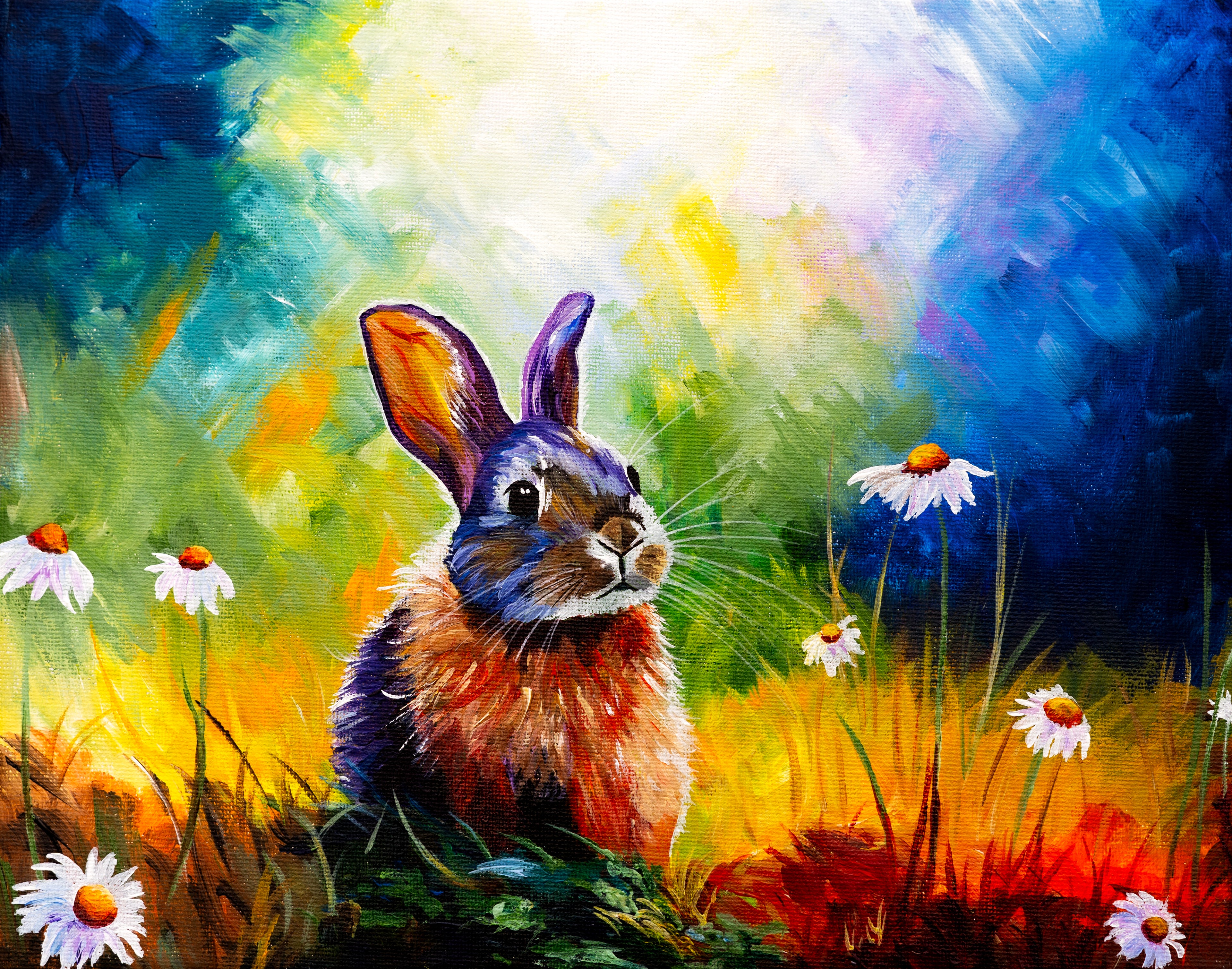 A vibrant painting of Daisy, a rainbow-coloured rabbit, surrounded by soft golden light and cool blue hues, creating a joyful and uplifting atmosphere.