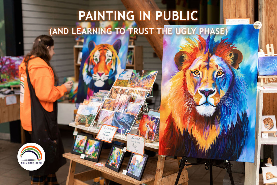 Georgina Hartley-Willows, artist at Not A Blank Canvas, is stood in the background painting a giant, colourful tiger. In the middle ground she has a wire rack of postcards on display and in the foreground an A1 painting of a majestic, colourful lion.