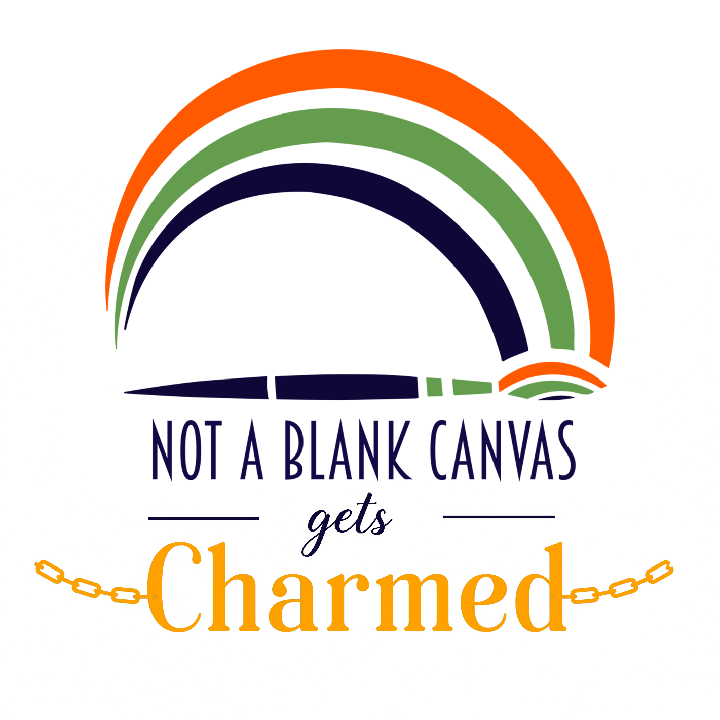 Logo with rainbow design and text 'Not a Blank Canvas gets Charmed' on a white background