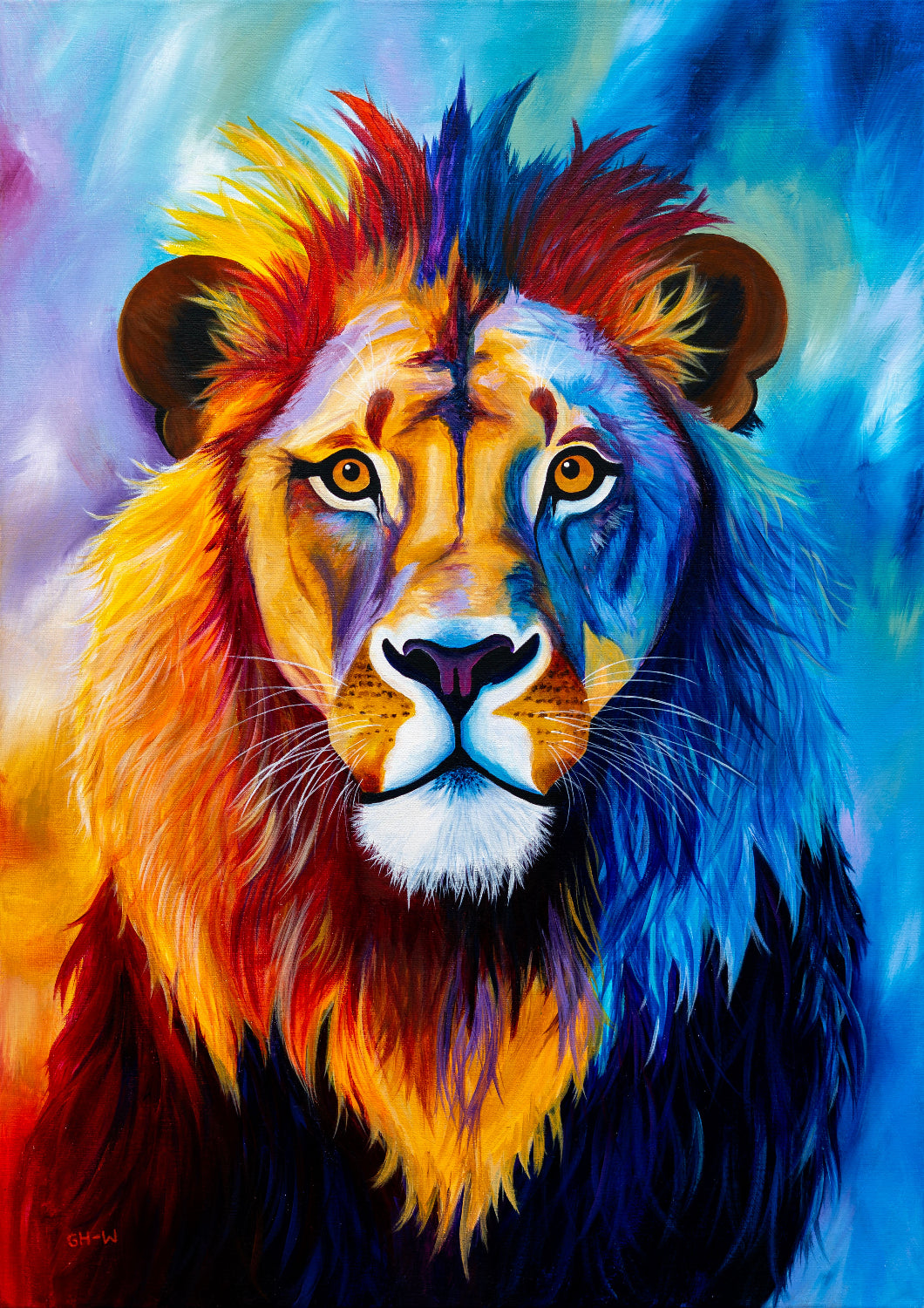 Vibrant painted portrait of a lion with a multicolored mane blending blue, red, orange, yellow, and black against a colorful abstract background.